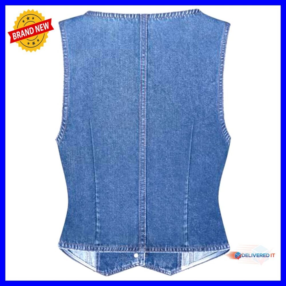Large Denim Vest V-Neck Button Down Sleeveless Casual Top - Picture 2 of 7